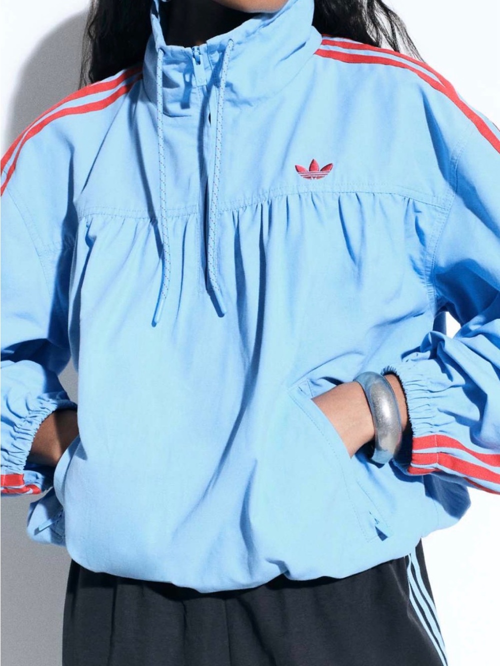 adidas x ASOS Womens cropped Light Blue Bomber Jacket with Red Stripes 1/2 zip